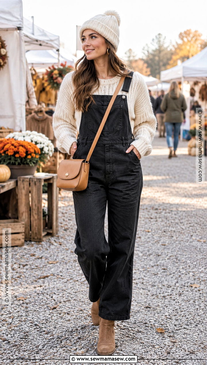 Black Overalls With Cream Chunky Sweater - 20 black overalls outfit fall