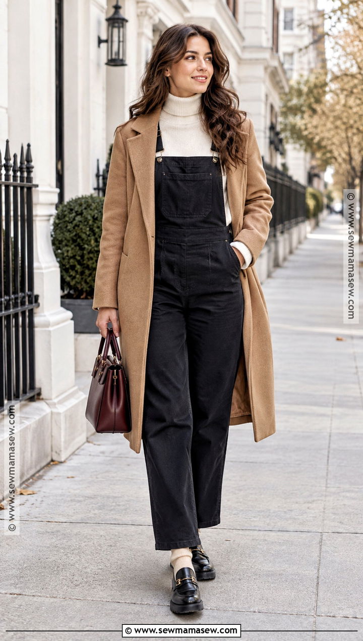Black Overalls With Cream Turtleneck And Loafers - 25 overalls outfit fall