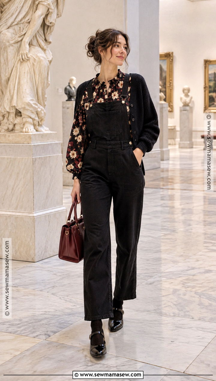 Black Overalls With Floral Blouse And Mary Jane Shoes - 15 black overalls fall outfit