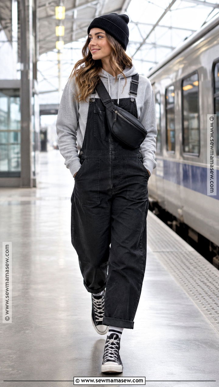 Black Overalls With Gray Hoodie And High Top Sneakers - 15 black overalls fall outfit