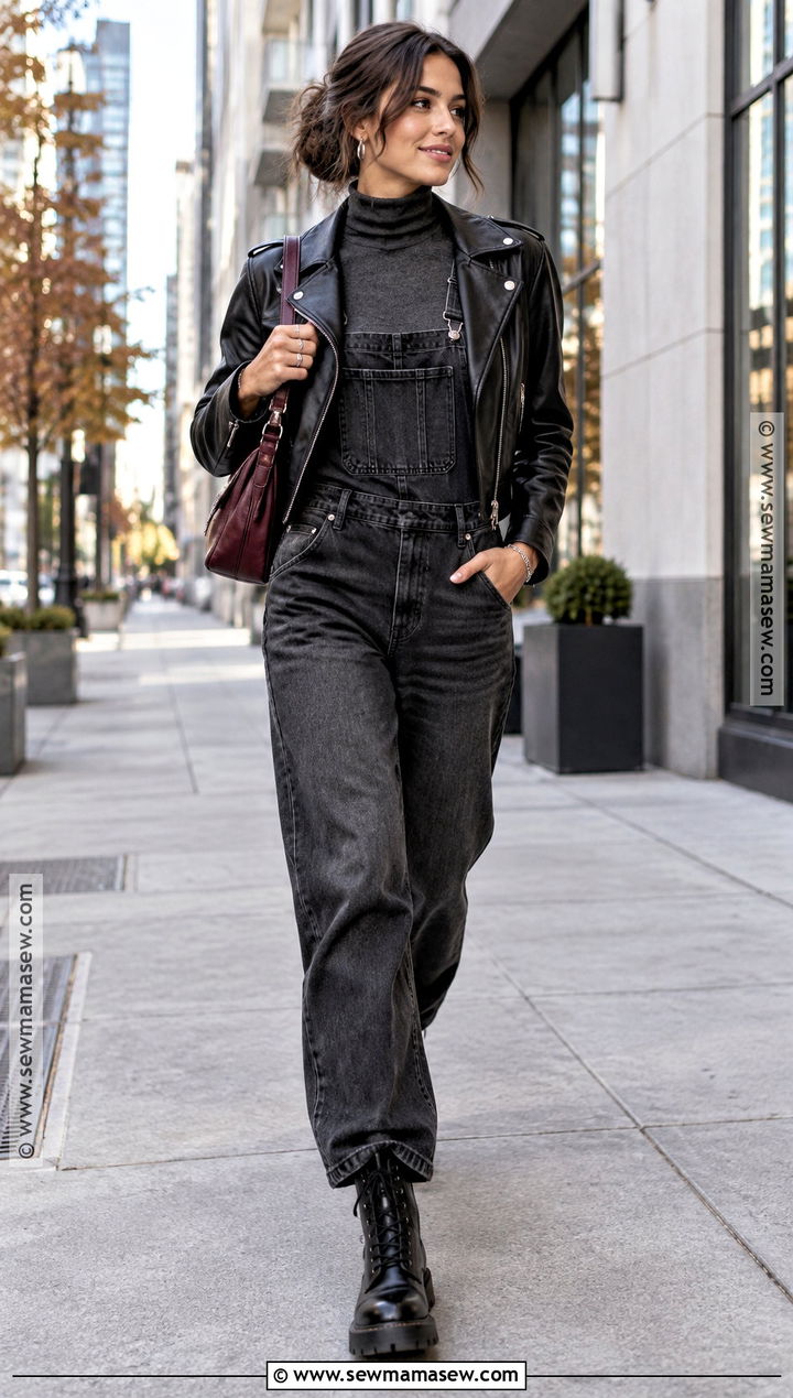 Black Overalls With Leather Jacket And Lace Up Boots - 15 black overalls fall outfit