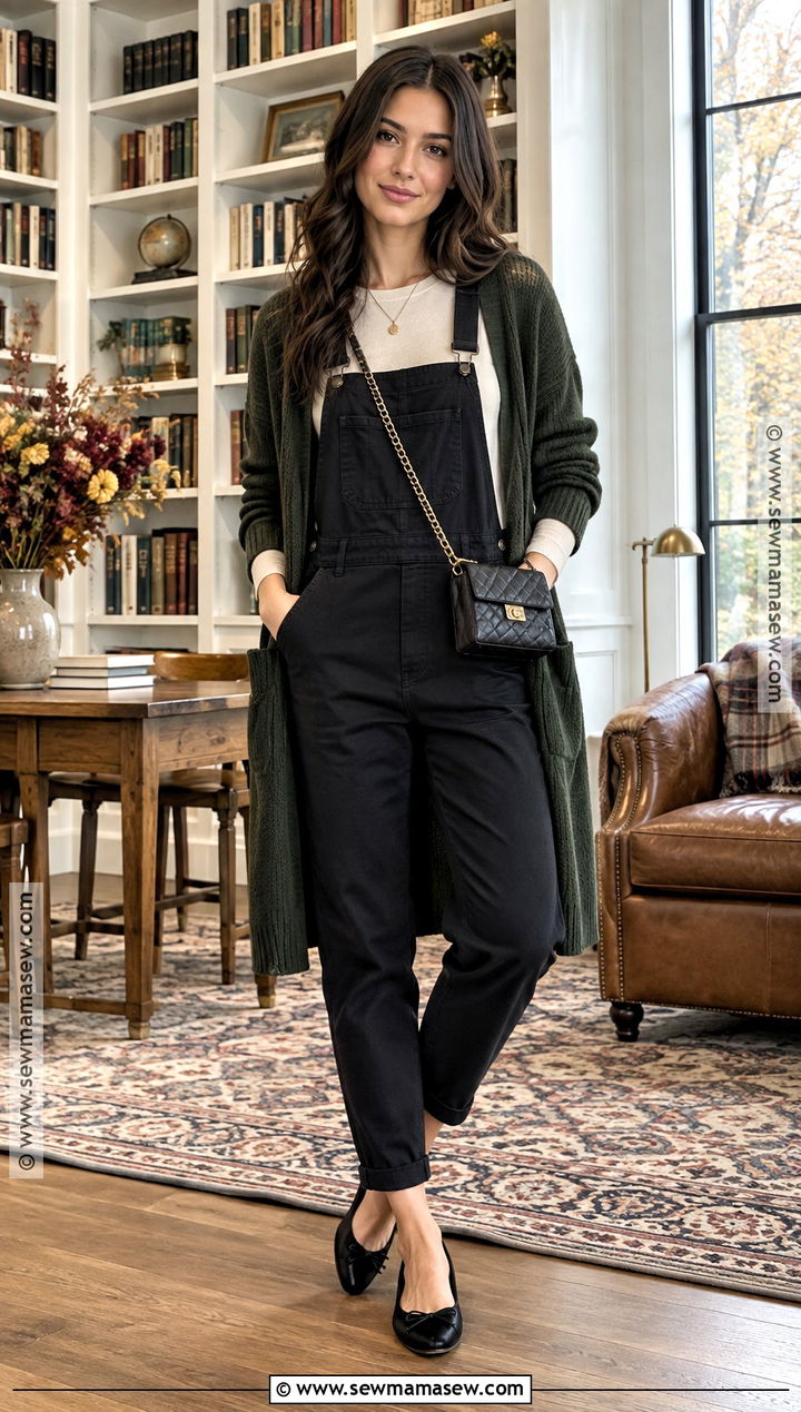 Black Overalls With Long Cardigan And Ballet Flats - 15 black overalls fall outfit
