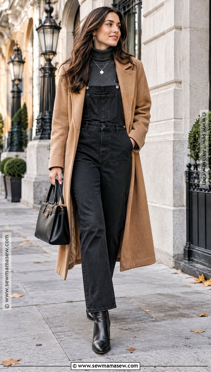 Black Overalls With Long Wool Coat - 20 black overalls outfit fall
