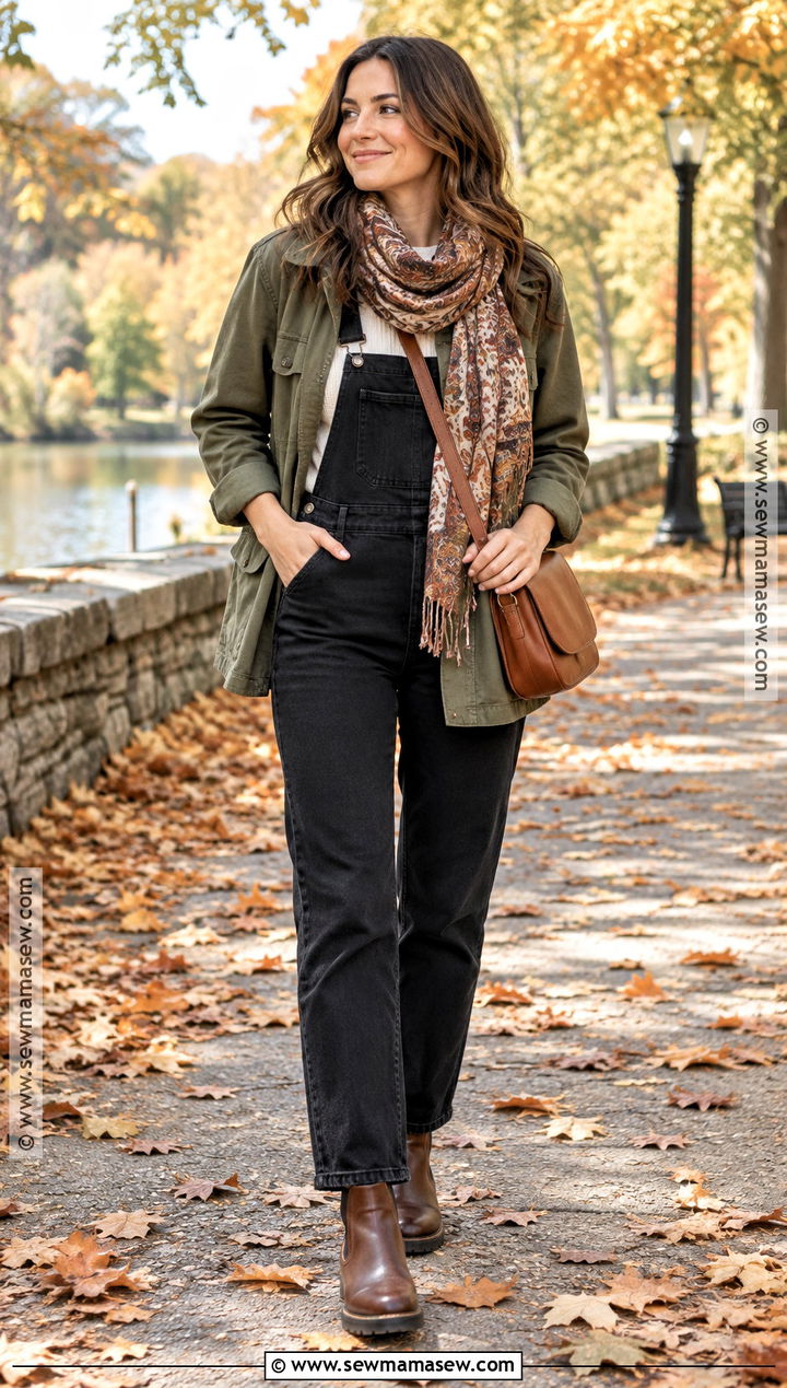 Black Overalls With Olive Utility Jacket - 20 black overalls outfit fall