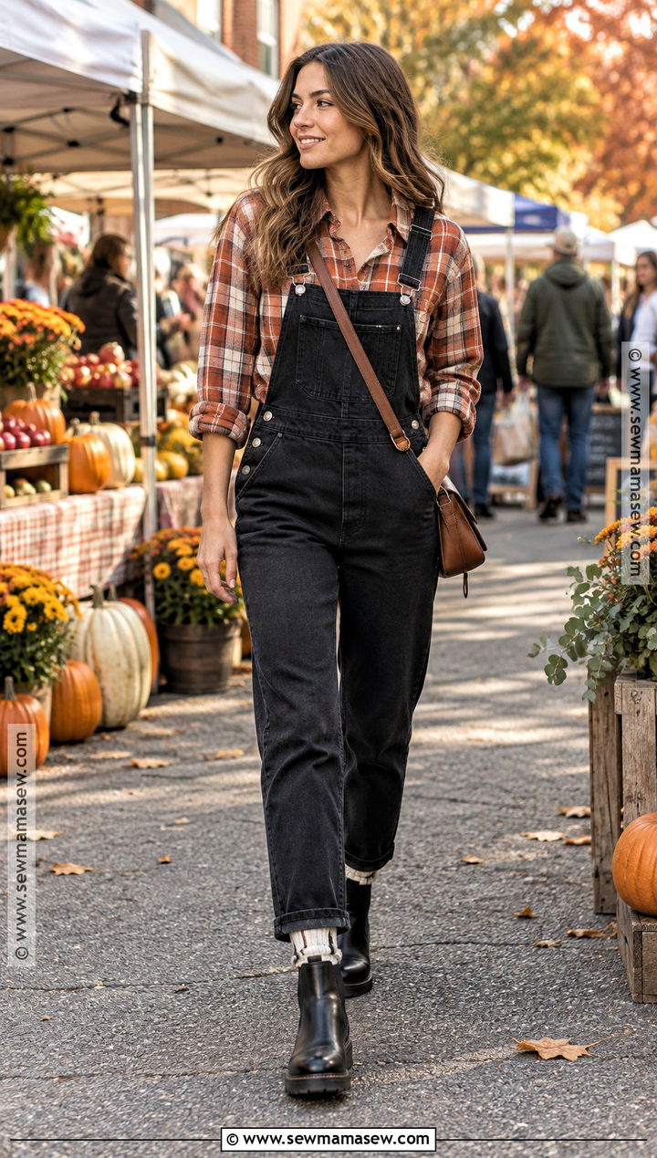 Black Overalls With Plaid Shirt And Chelsea Boots - 15 black overalls fall outfit