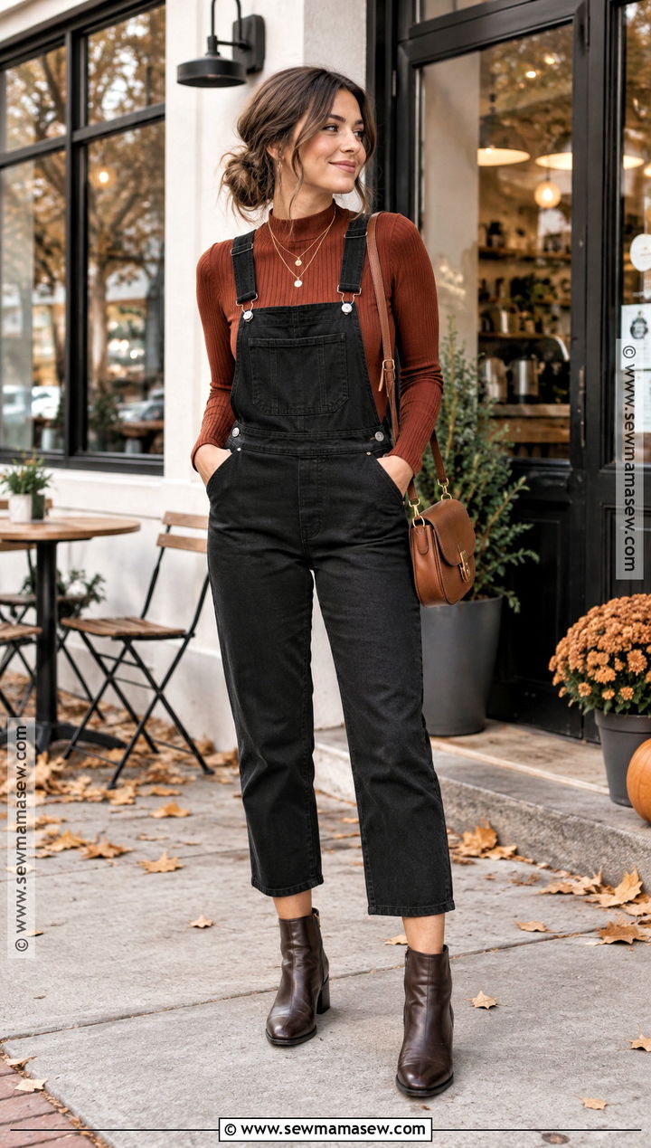Black Overalls With Rust Ribbed Top - 20 black overalls outfit fall
