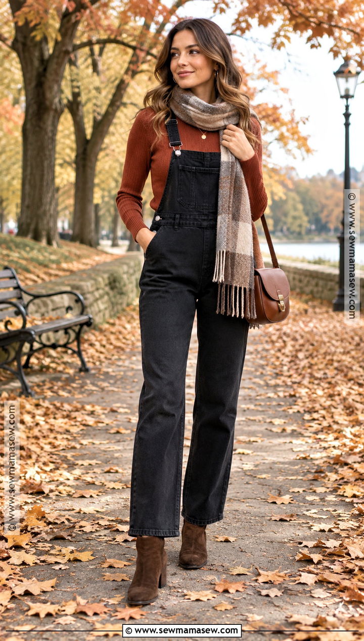 Black Overalls With Rust Sweater And Suede Boots - 15 black overalls fall outfit