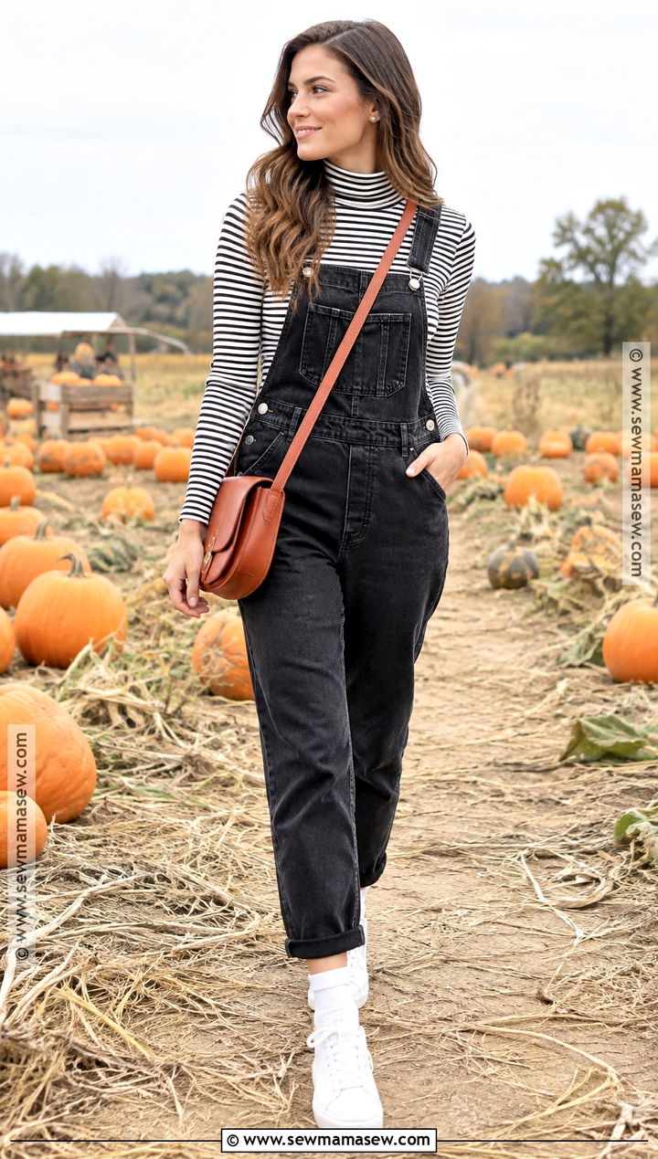 Black Overalls With Striped Turtleneck And Sneakers - 20 Pumpkin Patch Outfit Overalls
