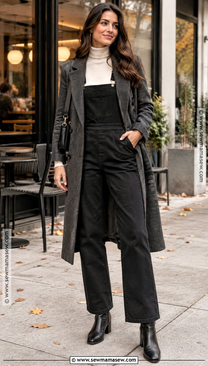 Black Overalls With Turtleneck and Ankle Boots - 15 Overalls Aesthetic Fall
