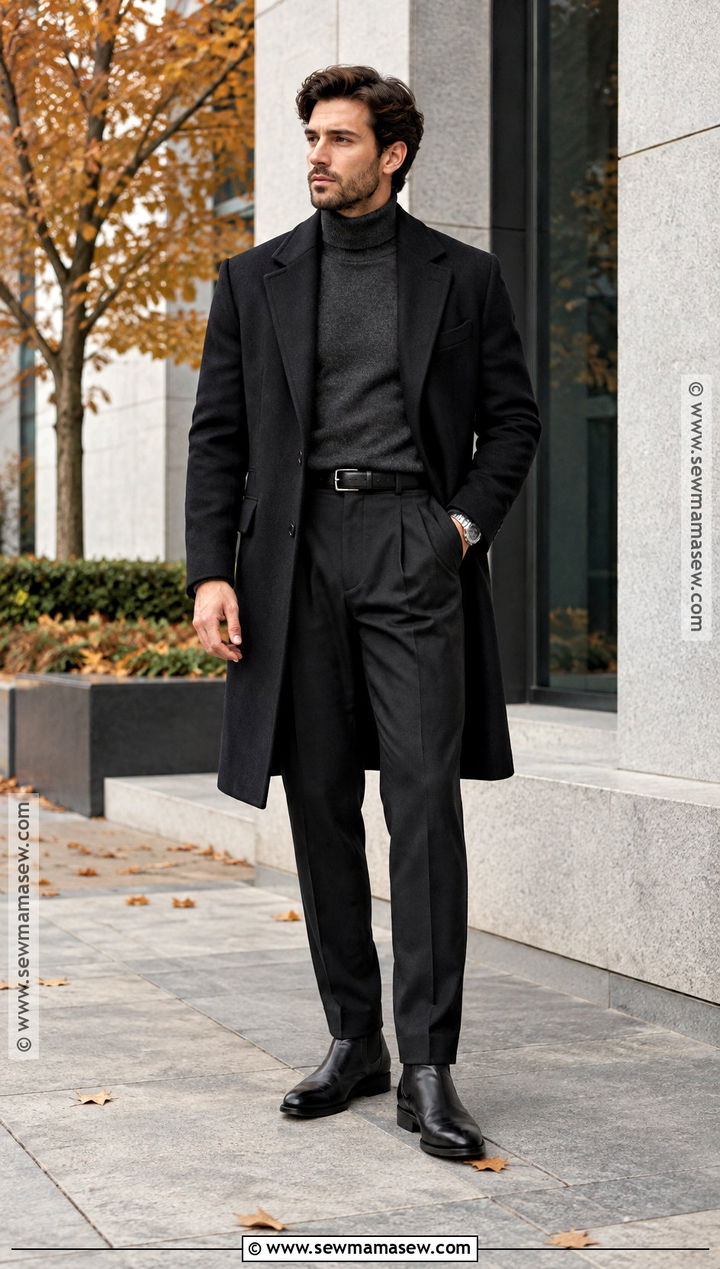 Black Overcoat With Monochrome Layers - 15 dapper fall outfits for men