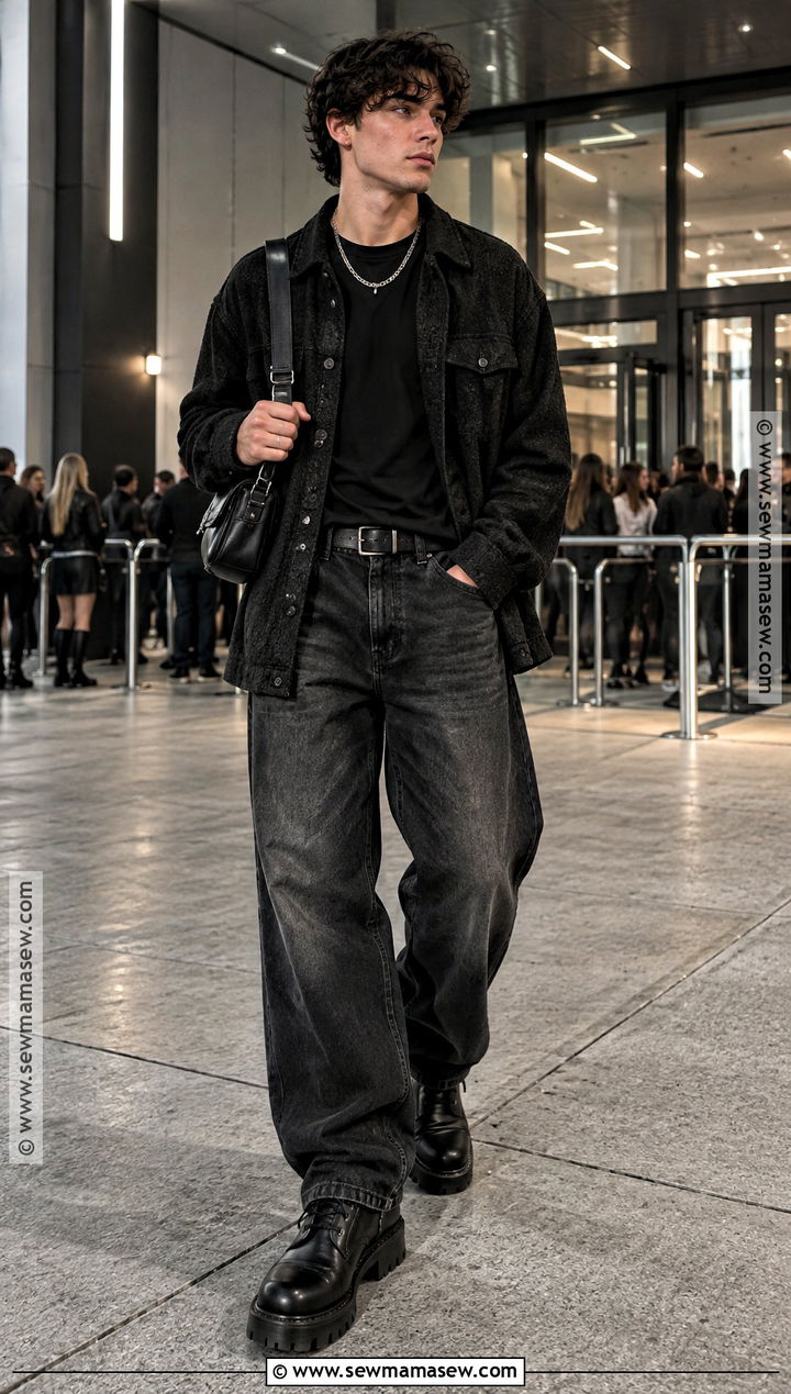 Black Overshirt Tee and Wide Leg Jeans Concert Outfit - 15 concert outfit men fall ideas