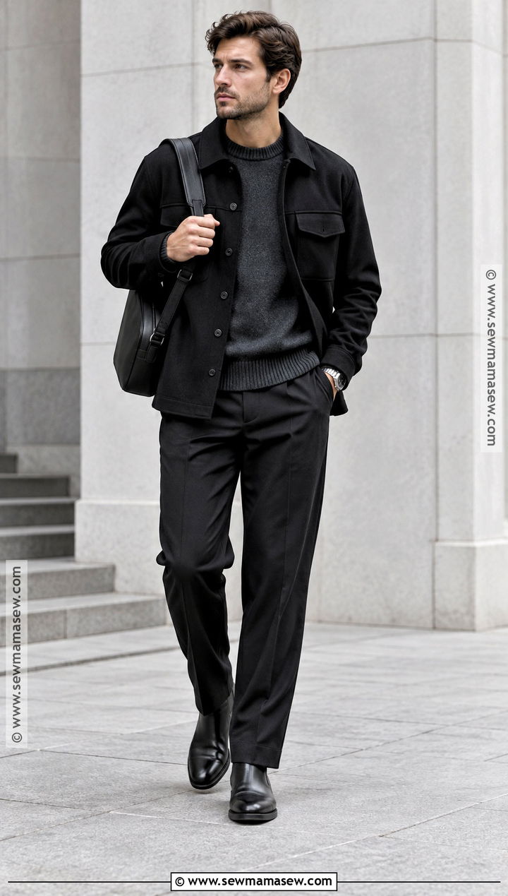 Black Overshirt With Sweater And Trousers - 20 autumn male outfit ideas