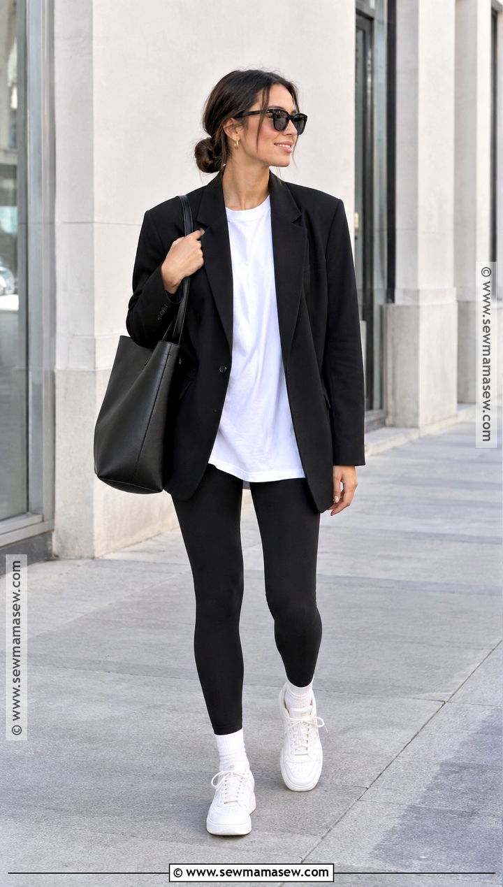 Black Oversized Blazer With Leggings And Sneakers - 15 oversized blazer outfit fall ideas