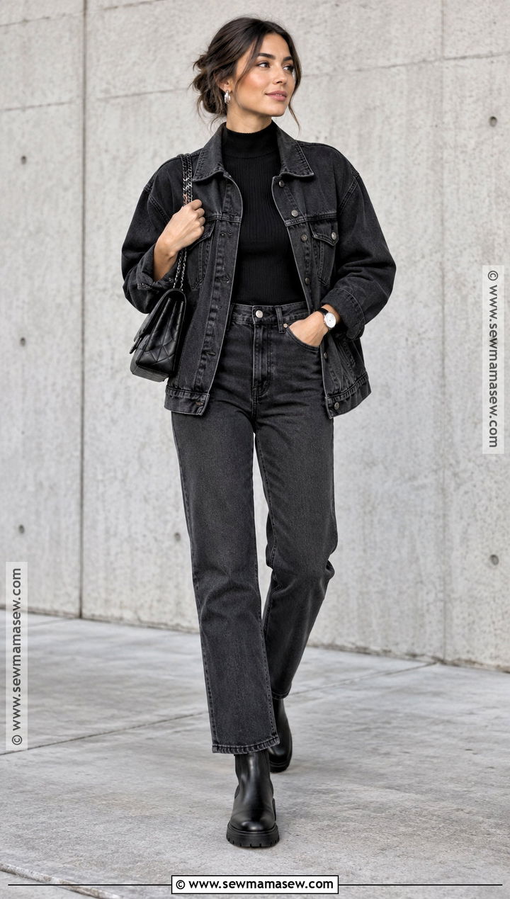 Black Oversized Jean Jacket With Monochrome Outfit - 20 oversized jean jacket outfits fall
