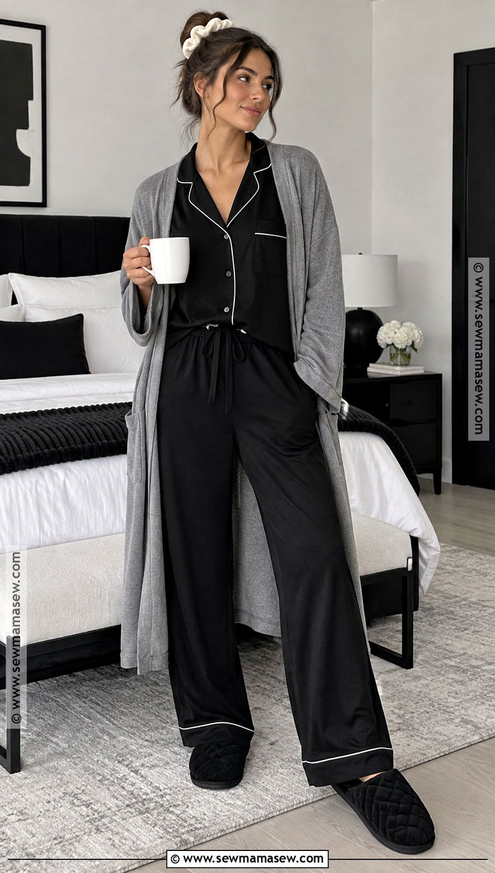 Black Pajama Set With White Piping - 20 Fall Pjs Aesthetic Ideas