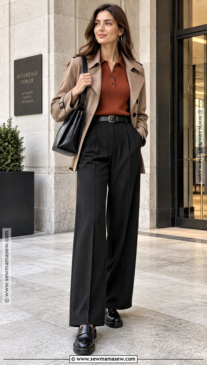 Black Palazzo Pants With Knit Polo And Loafers - 20 black pants outfit autumn
