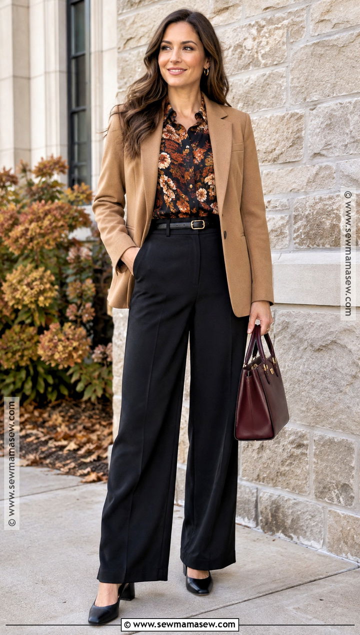 Black Pants And Printed Blouse Church Outfit - 25 fall church outfits for women