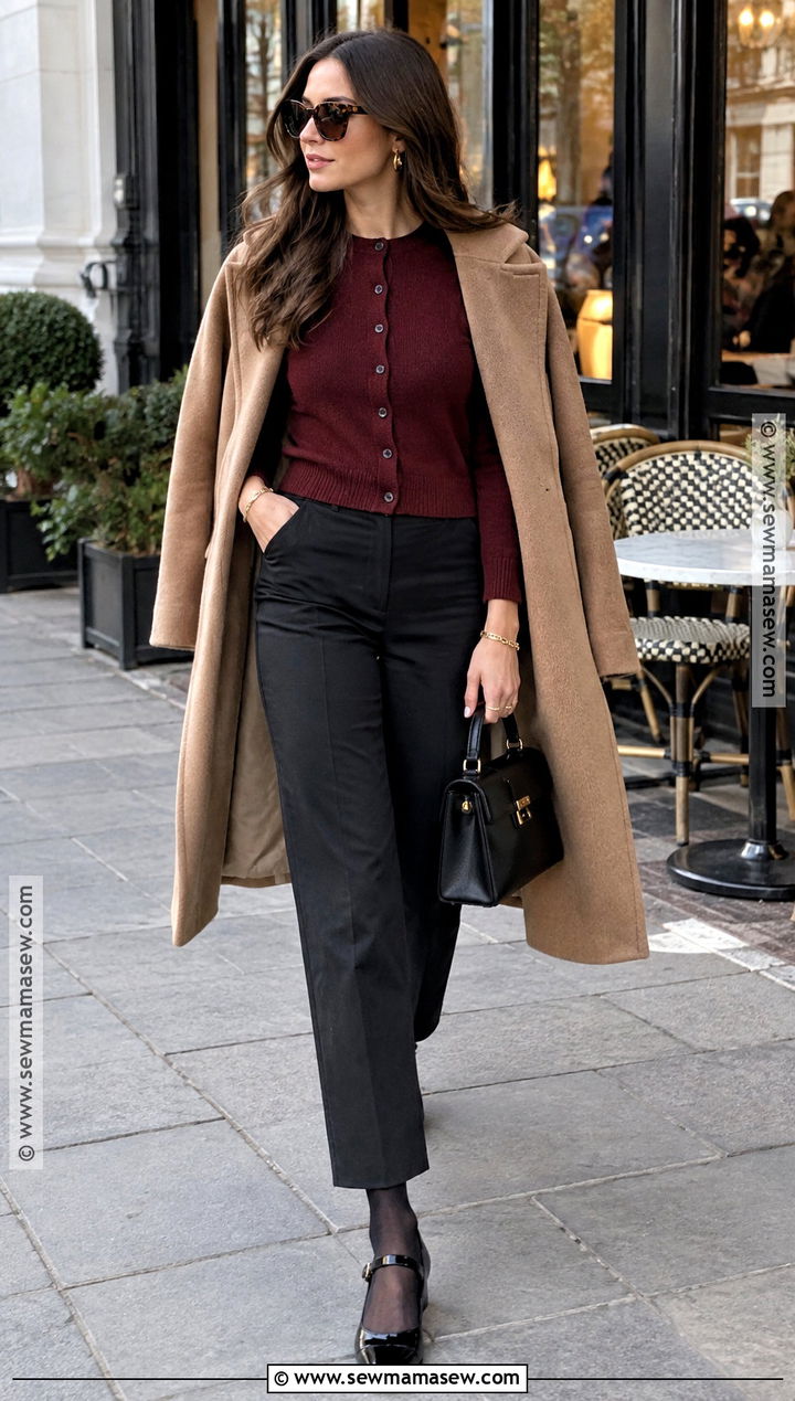Black Pants With Burgundy Cardigan And Mary Janes - 20 black pants outfit autumn