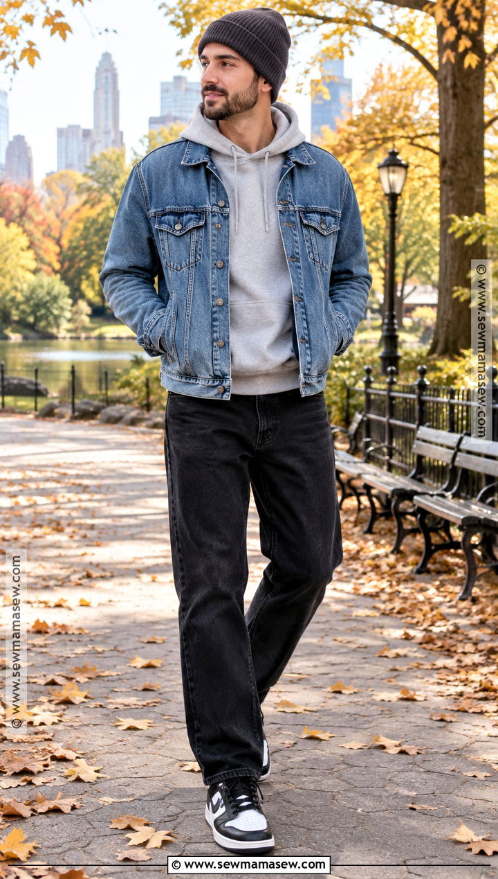Black Pants With Denim Jacket And Hoodie - 15 Black Pants Fall Outfit for Men