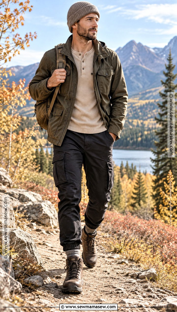 Black Pants With Field Jacket And Hiking Boots - 15 Black Pants Fall Outfit for Men