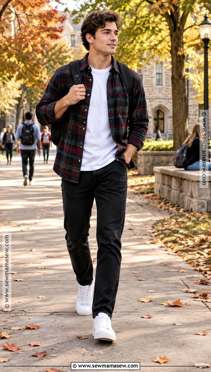 Black Pants With Flannel Shirt And White Sneakers - 15 Black Pants Fall Outfit for Men