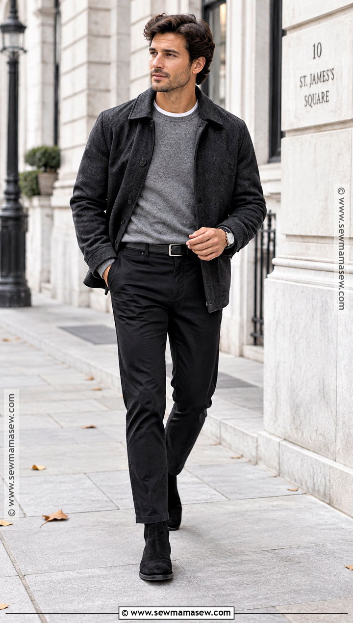 Black Pants With Gray Sweater And Chelsea Boots - 15 Black Pants Fall Outfit for Men