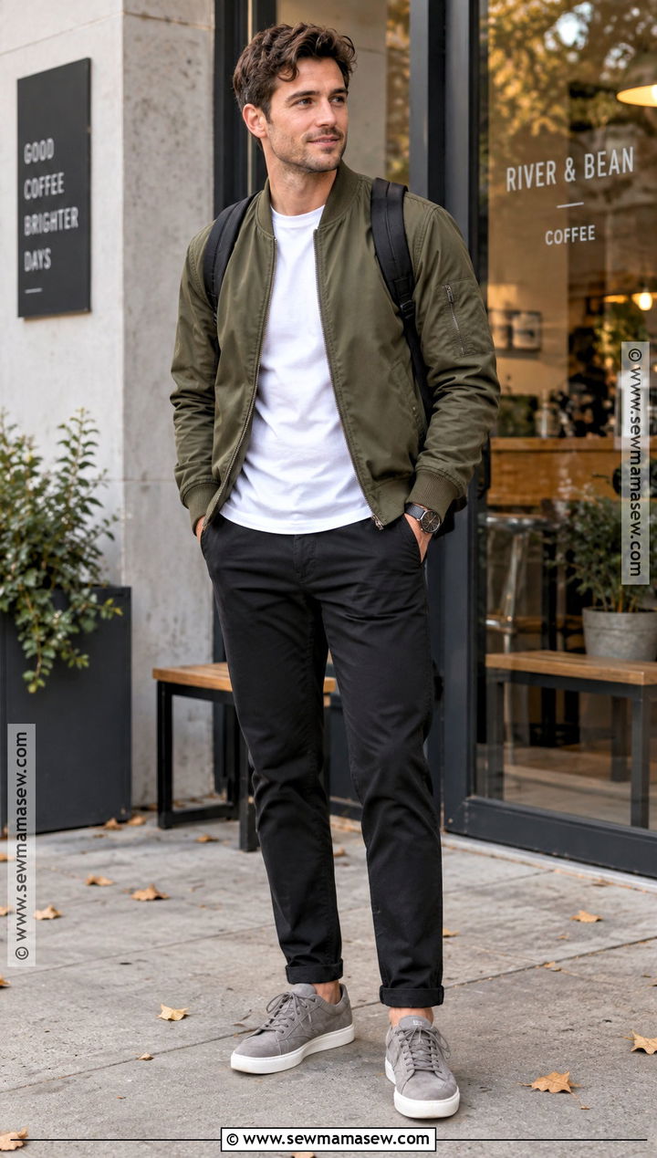 Black Pants With Olive Bomber Jacket And White T Shirt - 15 Black Pants Fall Outfit for Men