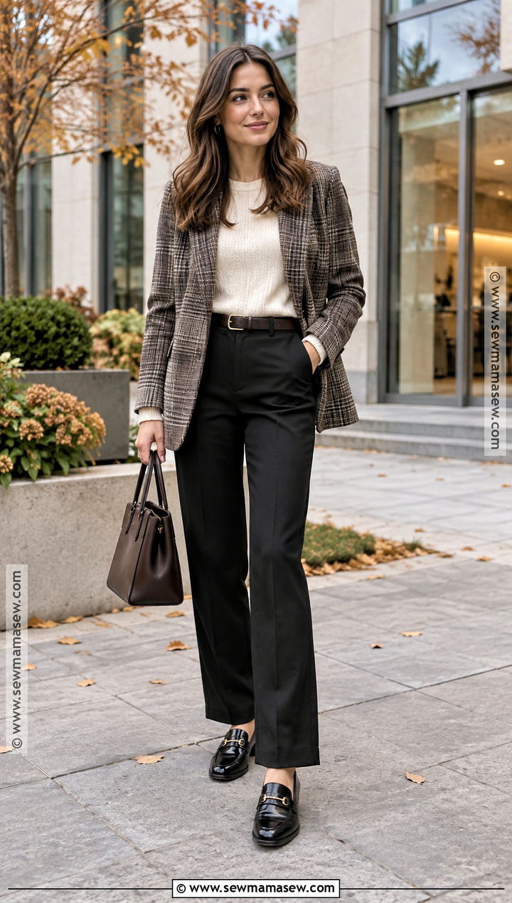 Black Pants With Plaid Blazer - 20 black pants outfit fall