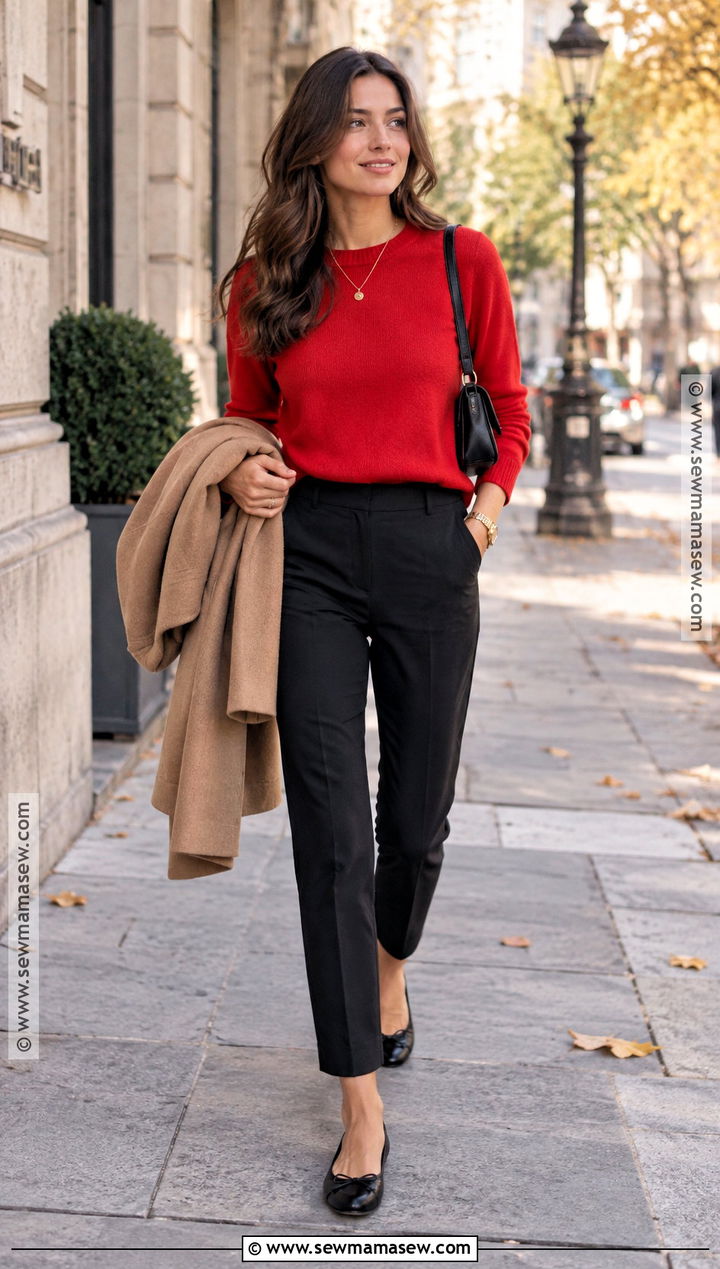 Black Pants With Red Sweater And Ballet Flats - 20 black pants fall outfit