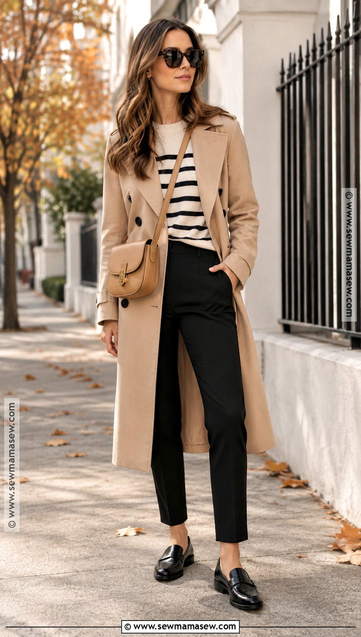 Black Pants With Striped Sweater And Trench Coat - 20 black pants fall outfit