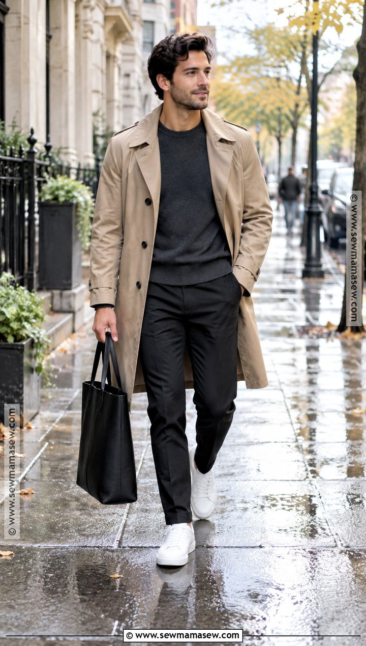Black Pants With Trench Coat And Minimal Sneakers - 15 Black Pants Fall Outfit for Men
