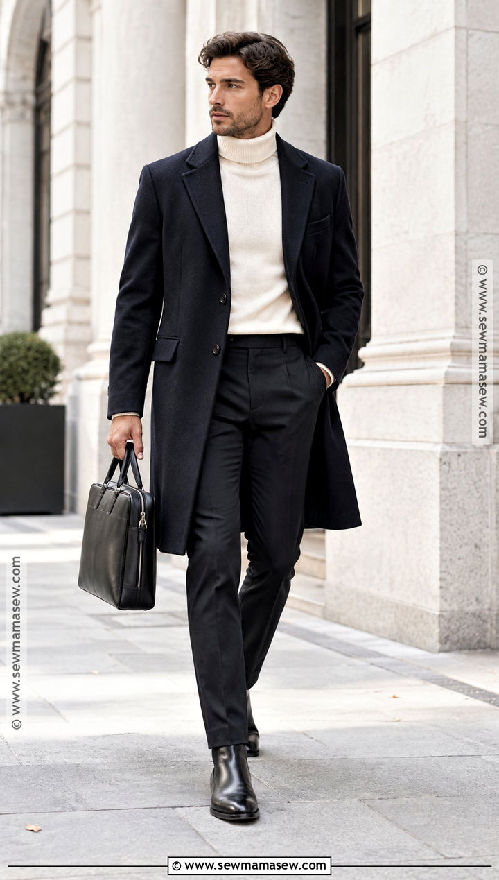 Black Pants With Turtleneck And Wool Coat - 15 Black Pants Fall Outfit for Men
