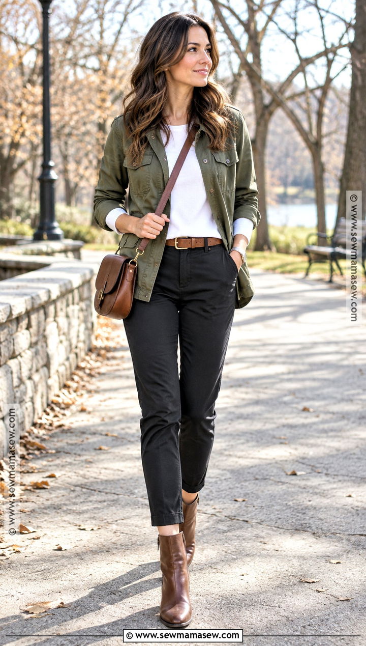 Black Pants With Utility Jacket - 20 black pants outfit fall