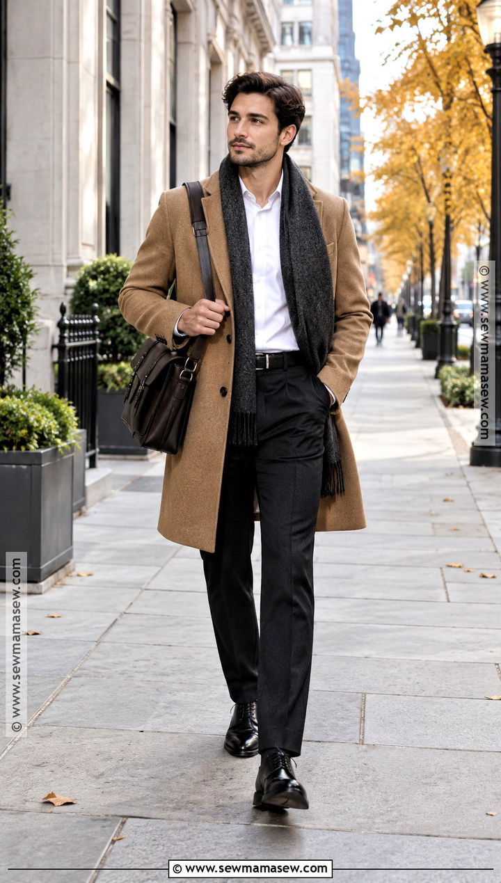 Black Pants With White Oxford Shirt And Camel Overcoat - 15 Black Pants Fall Outfit for Men