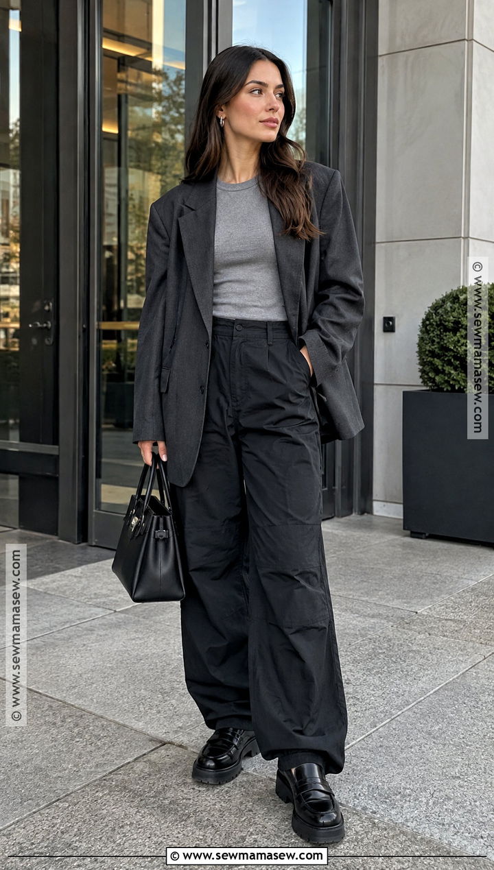 Black Parachute Pants With Oversized Blazer - 15 Fall Outfits Parachute Pants