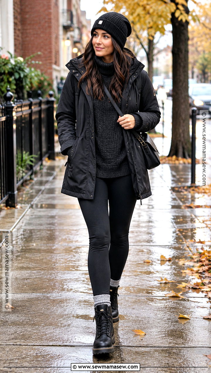 Black Parka And Sweater Leggings Outfit - 25 black autumn outfit ideas