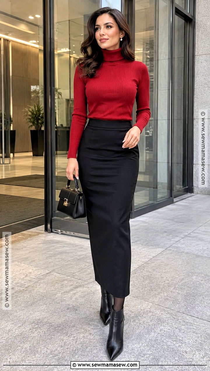 Black Pencil Skirt And Red Turtleneck Sweater - 15 skirts and sweaters outfit fall