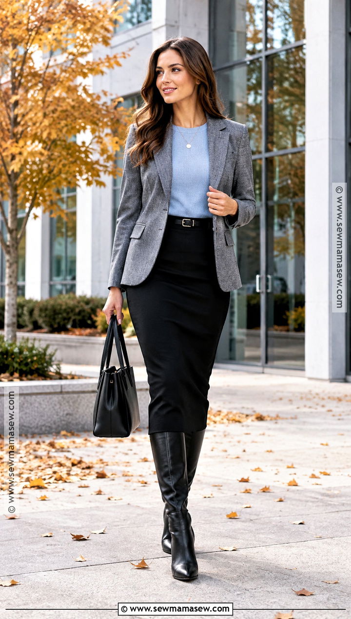 Black Pencil Skirt With Gray Blazer And Tall Boots - 20 fall black skirt outfits