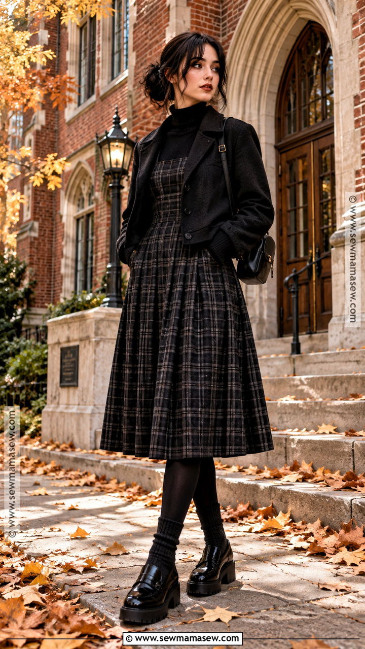 Black Plaid Dress And Platform Loafers - 20 Fall Gothic Outfits
