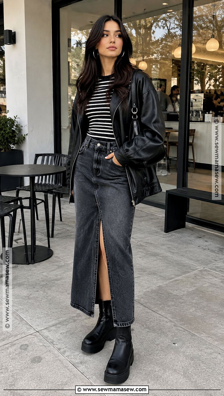 Black Platform Boots With Denim Skirt - 25 black boots outfit fall