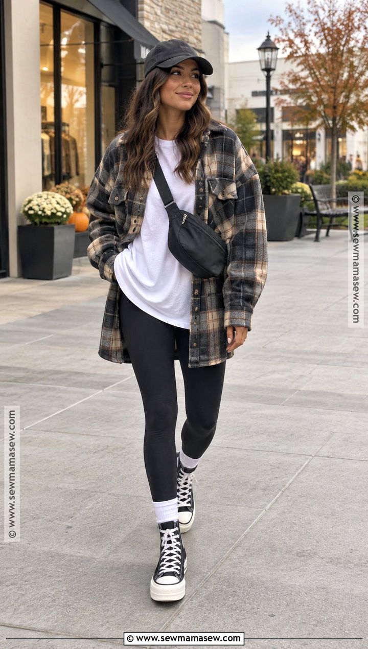 Black Platform Converse With Leggings And Shacket - 20 platform converse outfit fall ideas