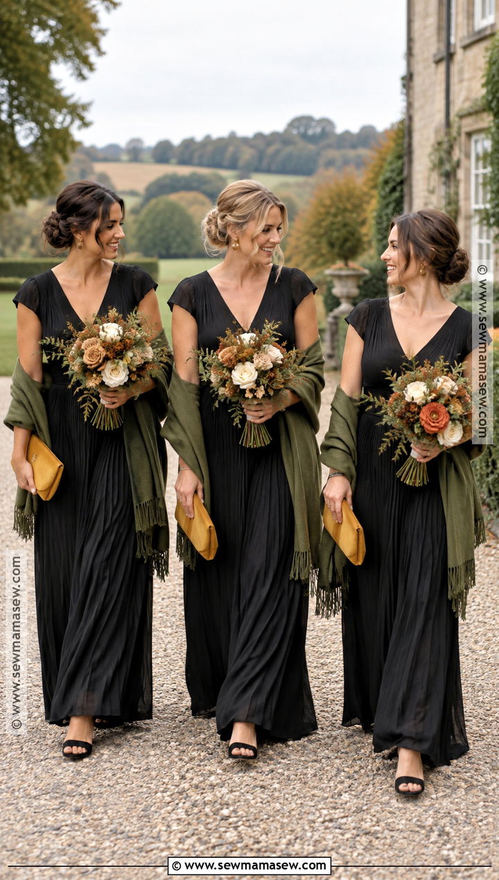Black Pleated Bridesmaid Dress With Mustard Flowers - 15 Fall Wedding With Black Bridesmaid Dresses