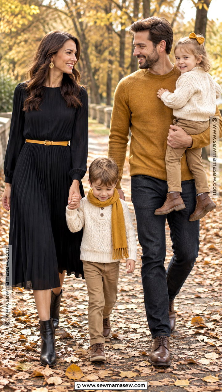 Black Pleated Dress With Mustard Family Outfits - 15 Black Dress Fall Photoshoot Ideas for Family