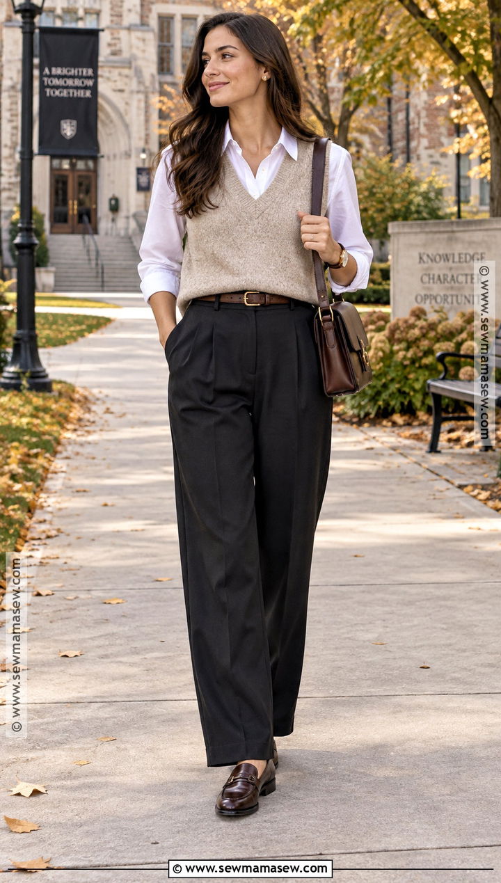 Black Pleated Pants With White Shirt And Sweater Vest - 20 black pants outfit autumn