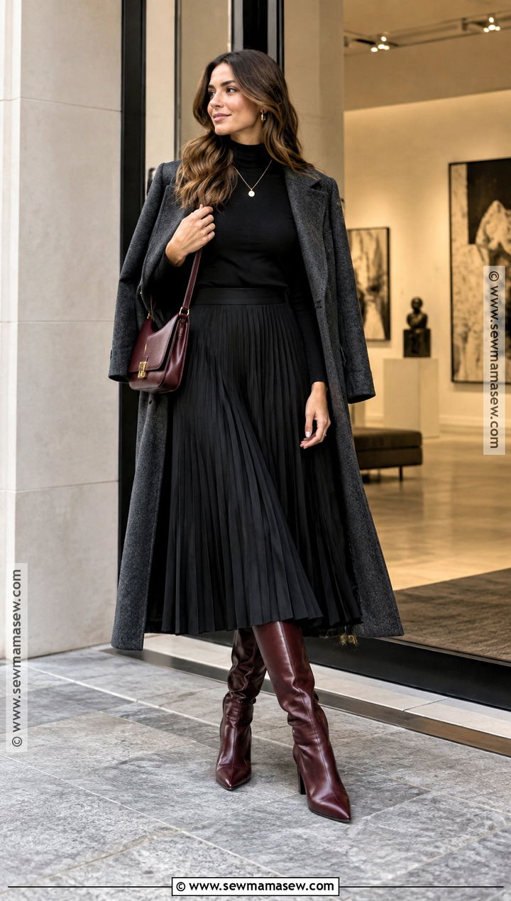 Black Pleated Skirt With Black Turtleneck And Burgundy Boots - 15 black pleated skirt autumn outfit ideas
