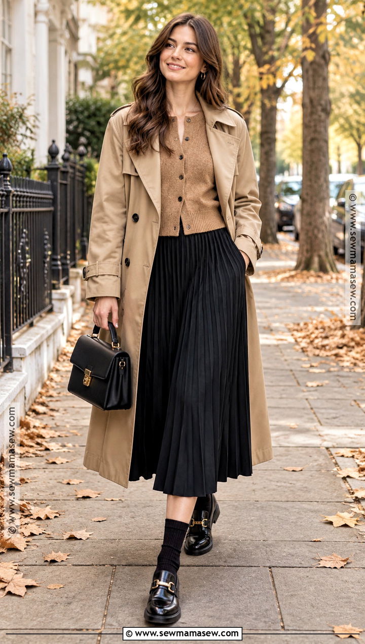 Black Pleated Skirt With Cardigan And Loafers - 15 black pleated skirt fall fashion ideas