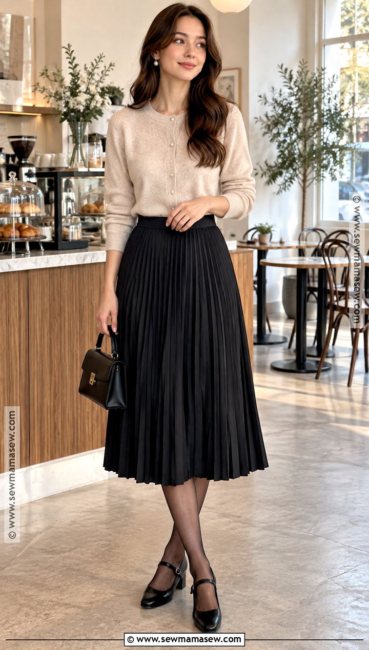 Black Pleated Skirt With Cardigan And Mary Jane Shoes - 15 black pleated skirt autumn outfit ideas