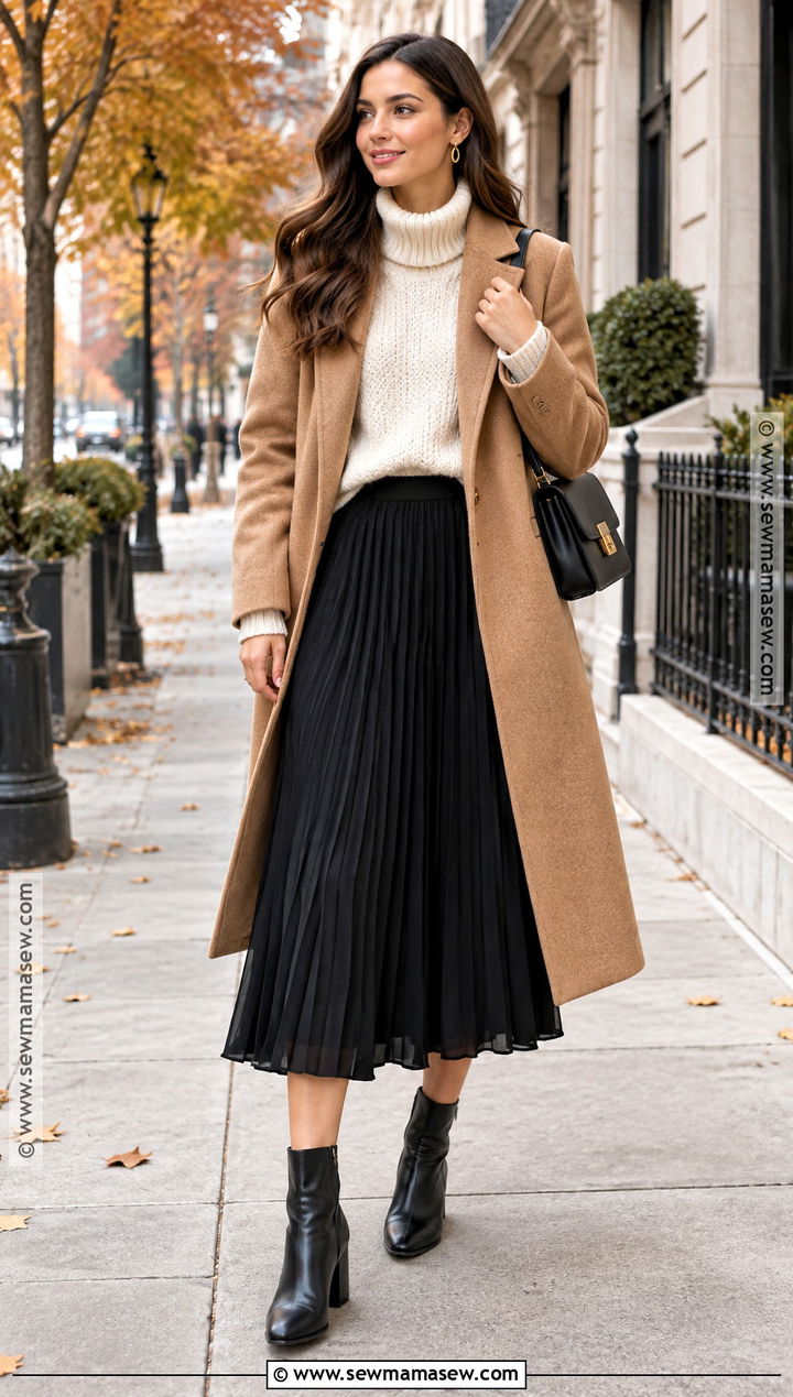 Black Pleated Skirt With Chunky Sweater - 25 black skirt outfit fall ideas