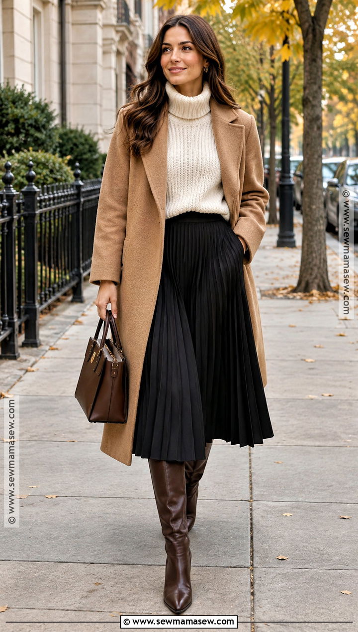 Black Pleated Skirt With Cream Sweater And Knee High Boots - 15 black pleated skirt autumn outfit ideas