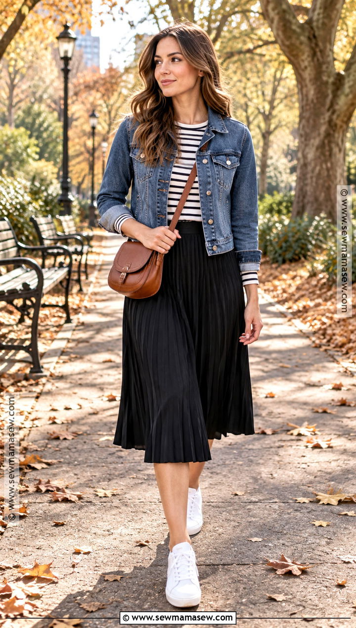 Black Pleated Skirt With Denim Jacket - 15 black pleated skirt fall fashion ideas